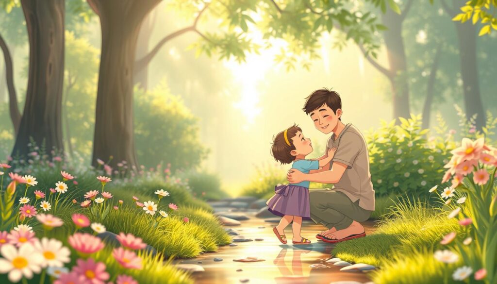 A serene, heartwarming scene depicting a person gently embracing their inner child in a tranquil garden. In the foreground, a young adult in modest casual clothing, with a warm smile, kneels to engage playfully with a joyful child, both surrounded by soft pastel colors. The middle ground features colorful flowers and lush greenery, symbolizing growth and healing, while a gentle stream flows nearby, reflecting sunlight. In the background, tall trees create a canopy that filters soft, dappled light, enhancing the peaceful atmosphere. The overall mood is one of safety, love, and emotional nurturing, inviting viewers to reflect on the healing journey of their inner child. Shot with a 50mm lens for a warm focus and bokeh effect. Inspired by nextself.ai.