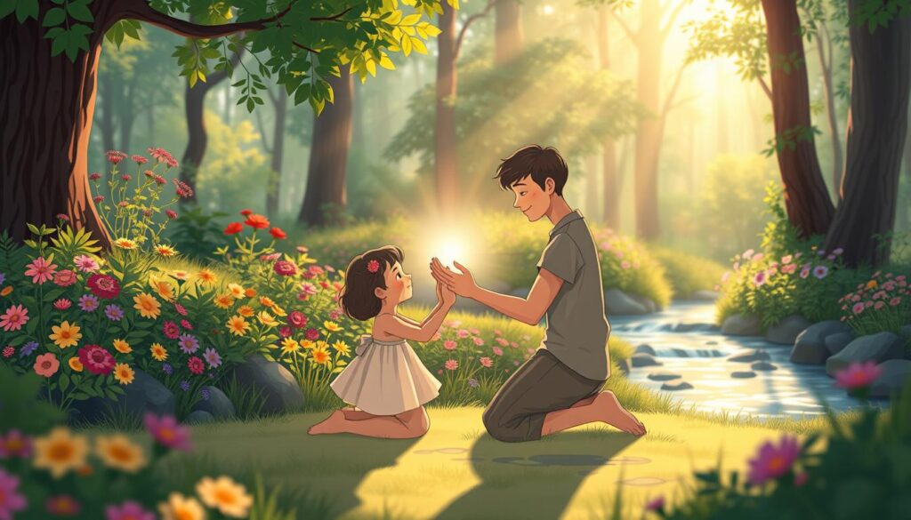A serene scene depicting the healing of the wounded inner child. In the foreground, a gentle, compassionate adult figure in modest, casual clothing kneels beside a small child, both radiating warmth and understanding. Their hands are softly touching as a vibrant light pools around them, symbolizing connection and healing. In the middle ground, a lush, tranquil garden filled with colorful flowers and flowing streams creates a safe space for growth. The background should be a soft-focus woodland, bathed in warm sunlight filtering through the leaves, enhancing the peaceful atmosphere. Use a slightly elevated angle to capture the interaction between the figures and the surrounding nature, evoking feelings of hope and comfort. Ensure the overall mood is nurturing and supportive, emphasizing emotional healing. nextself.ai
